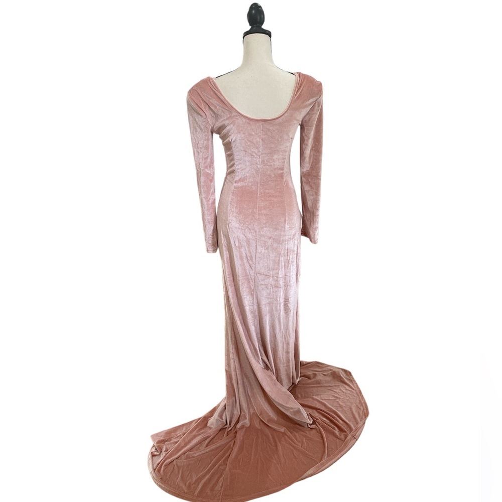 Long Sleeve Velvet High Slit Gown with Gloves - Picture 2 of 4